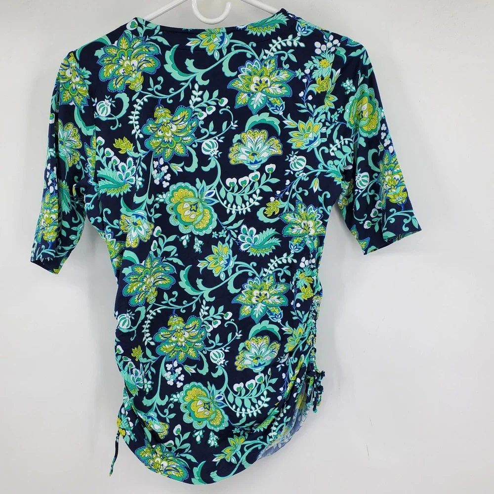 Lands End Women's Floral Paisley Swim Tee Rash‎ Guard Ruched Navy XS Swimsuit